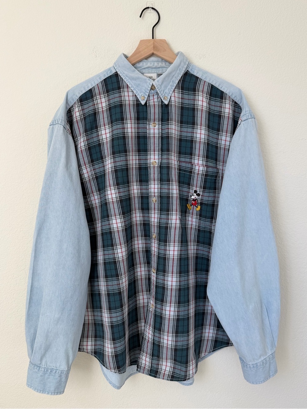 Disney Mickey Mouse Embroidered Plaid Color Block Button Down Disney Size XL